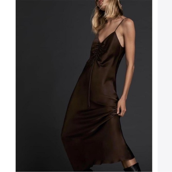 Zara Gathered Slip Midi Dress in Brown Size Large - Picture 3 of 12